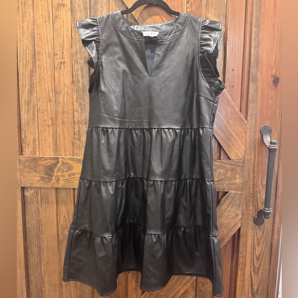 Black Faux Leather Tiered Dress